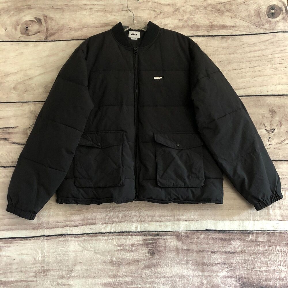 Obey Charlie Jacket Mens M Black Puffer Bomber Skater Streetwear Cargo Pockets